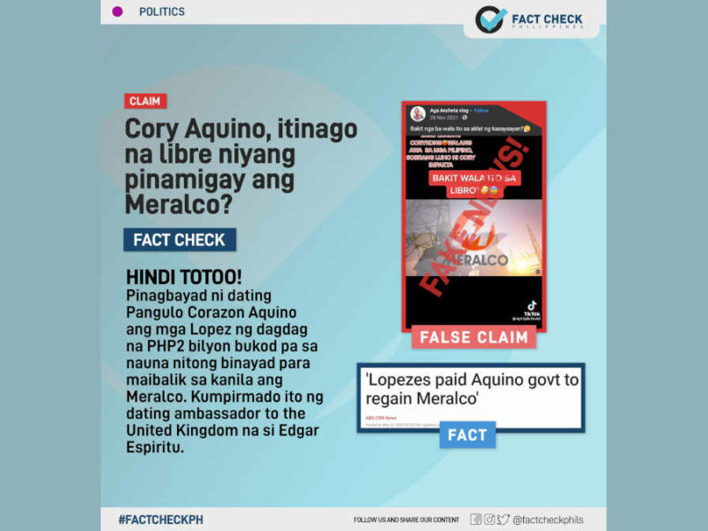Cory Aquino, itinagong libre niyang ipinamigay ang Meralco?