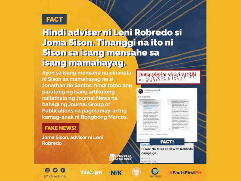 Hindi adviser ni Leni Robredo si Joma Sison