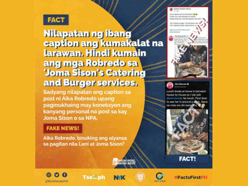 Hindi kumain ang mga Robredo sa 'Joma Sison's Catering and Burger Services'