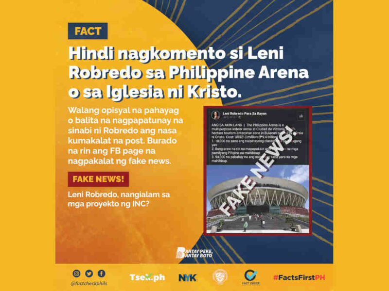 Hindi nagkomento si Leni Robredo tungkol sa Philippine Arena o sa Iglesia ni Cristo