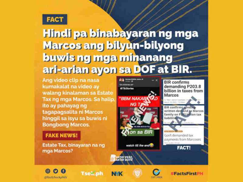 Hindi pa binabayaran ng mga Marcos ang estate taxes