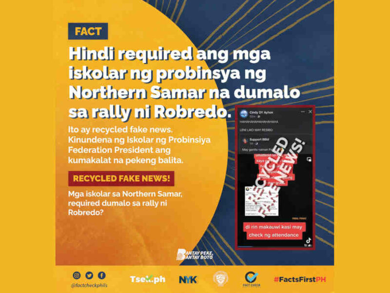 Hindi required ang mga iskolar ng Northern Samar na dumalo sa rally ni Robredo