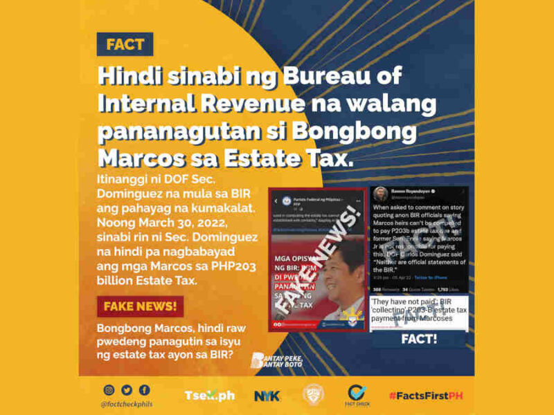 Hindi sinabi ng BIR na walang pananagutan si Bongbong Marcos sa estate tax
