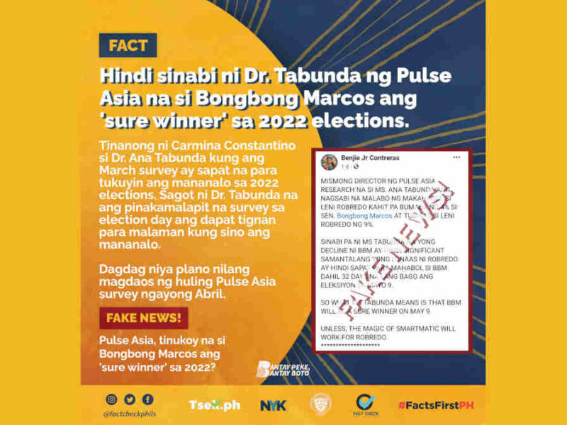 Hindi sinabi ni Dr. Tabunda ng Pulse Asia na si Bongbong Marcos ang "sure winner" sa 2022 elections