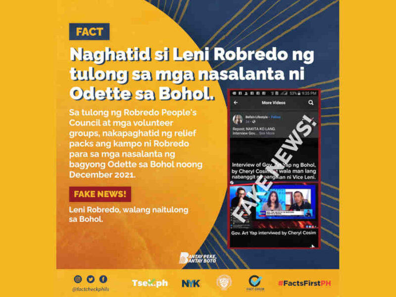 FACT: Naghatid ng tulong si Leni Robredo sa mga nasalanta ng Bagyong Odette sa Bohol