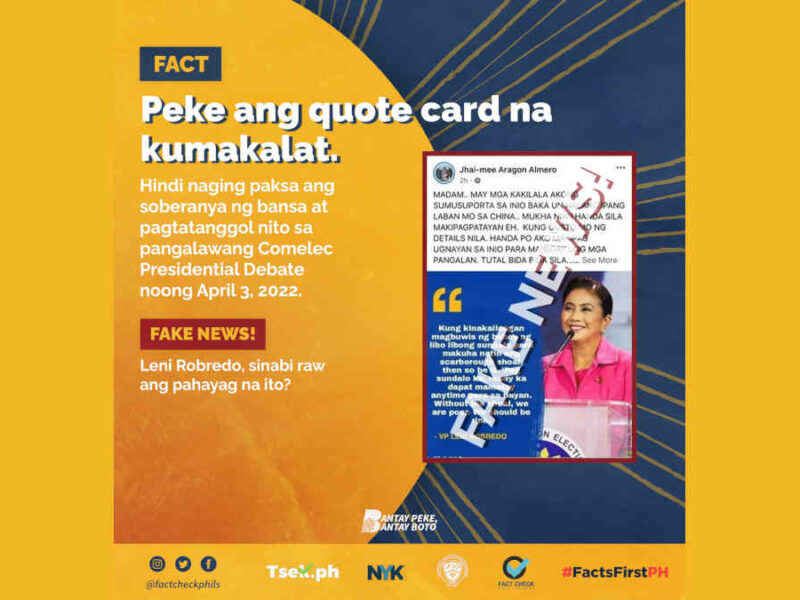 Peke ang kumakalat na quote card ni Robredo tungkol sa Scarborough Shoal