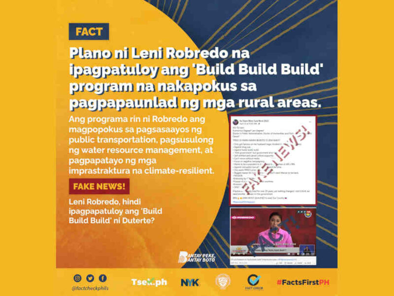 Plano ni Leni Robredo na ipagpatuloy ang "Build, Build, Build" program ni Pangulong Duterte