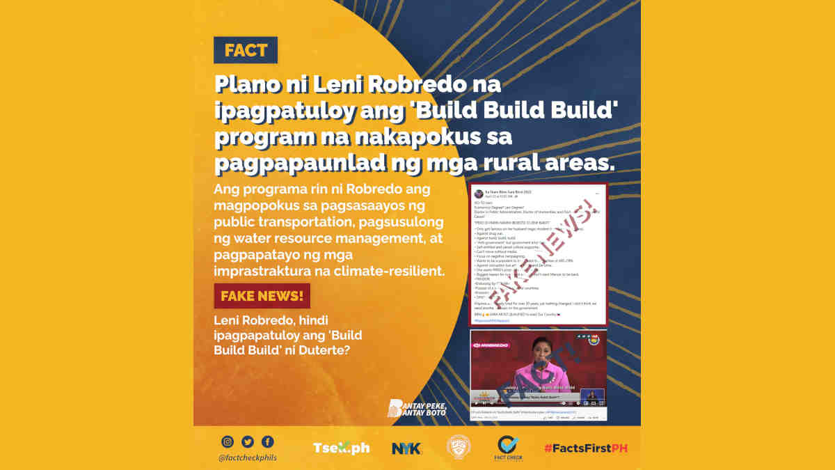 Plano ni Leni Robredo na ipagpatuloy ang "Build, Build, Build" program ni Pangulong Duterte