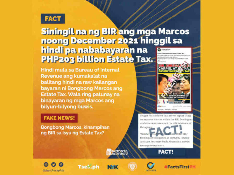 Siningil na ng BIR ang mga Marcos hinggil sa hindi pa nababayarang estate tax