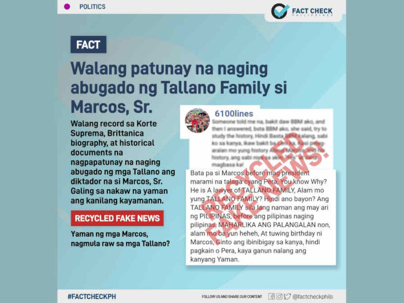 Walang patunay na naging abogado ng Tallano family si Ferdinand Marcos Sr.