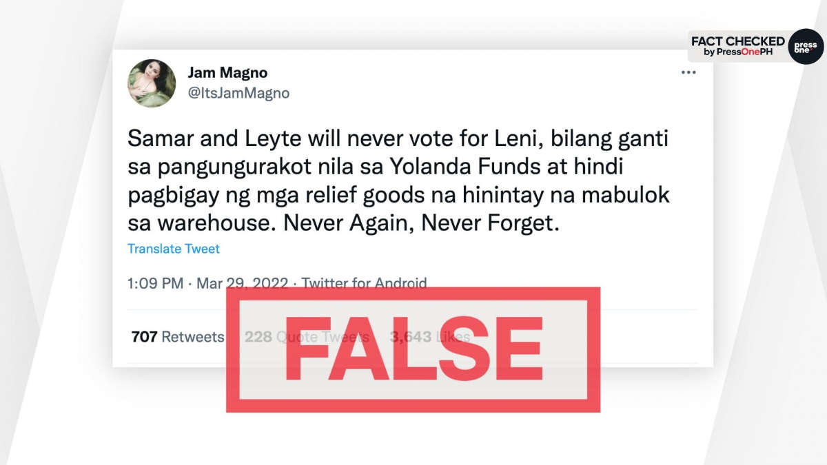 Marcos Supporter Falsely Claims Robredo Stole Yolanda Funds Left
