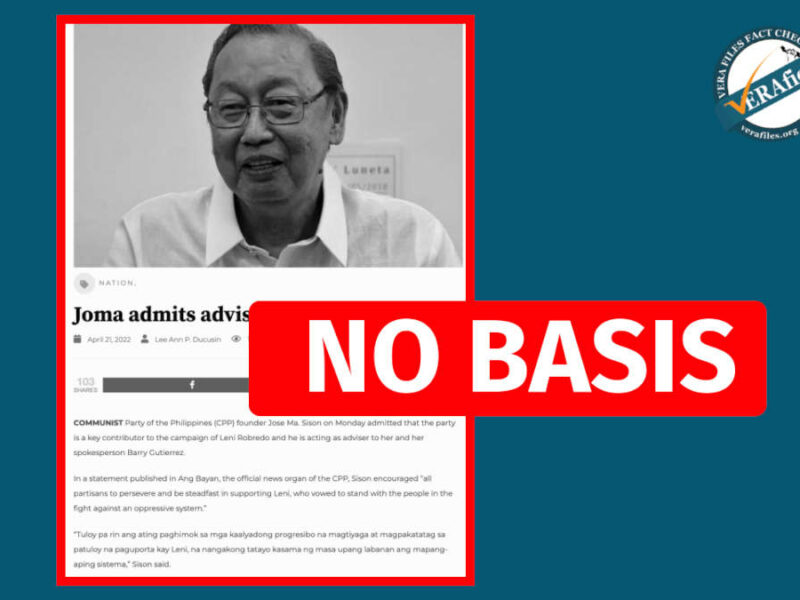 Claim that CPP founder Joma Sison ‘advises’ Robredo presidential campaign has no basis