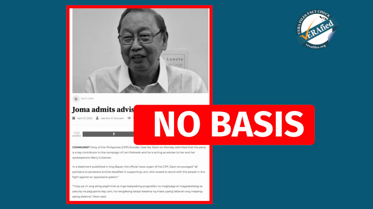 Claim that CPP founder Joma Sison ‘advises’ Robredo presidential campaign has no basis