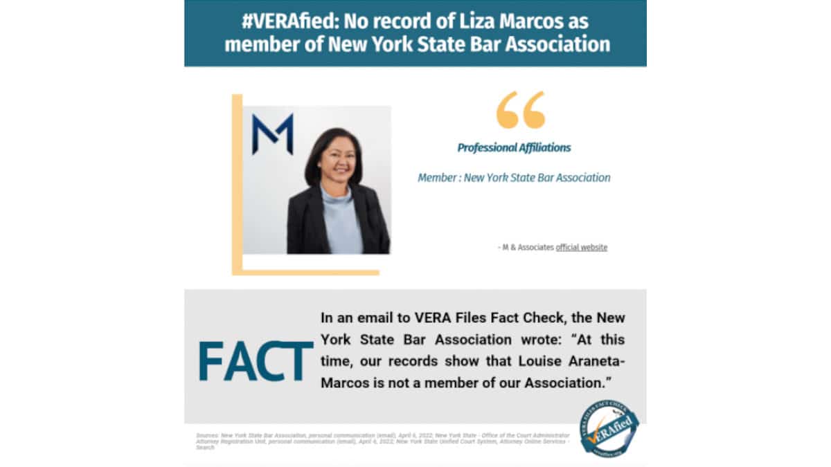 No record of Liza Marcos as member of New York State Bar Association