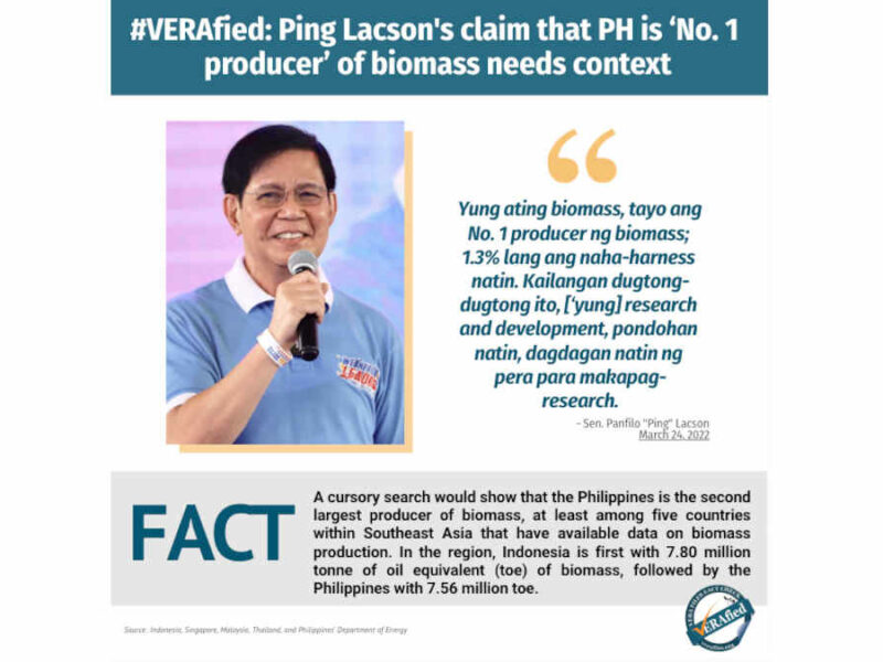 Ping Lacson's claim that PH is no. 1 producer of biomass needs context