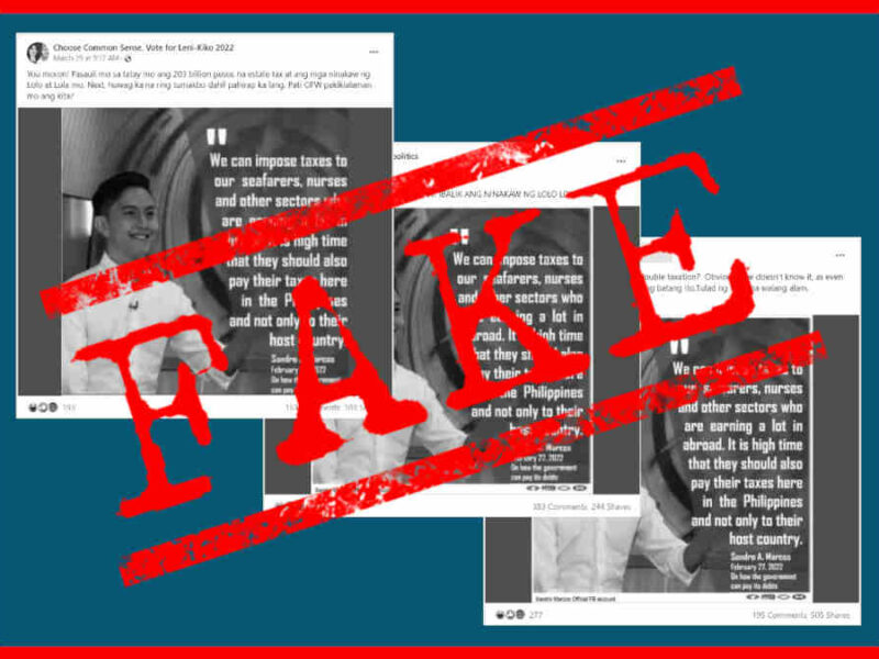 Sandro Marcos quote card on imposing taxes on OFWs is FAKE