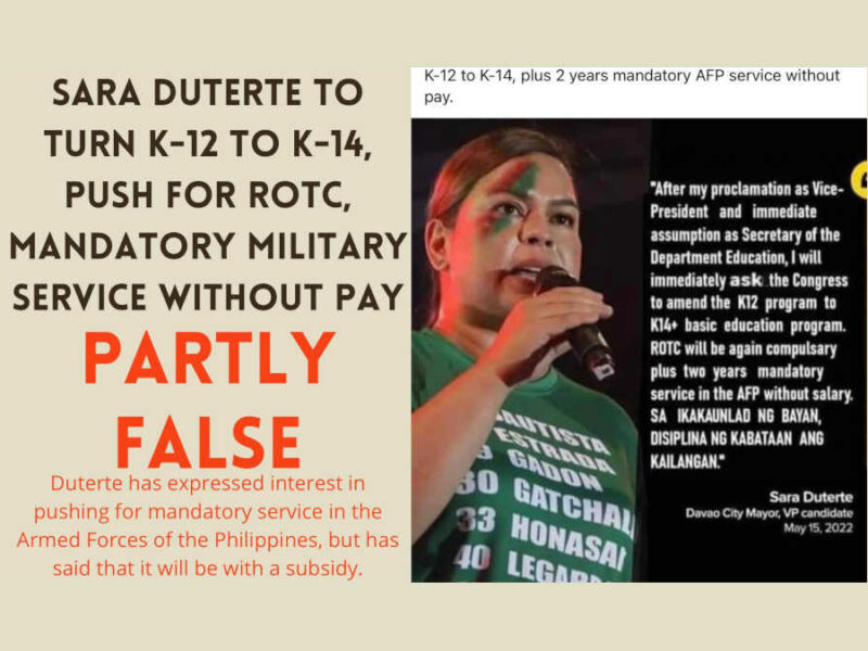 Claim: Sara Duterte to turn K-12 to K-14, push for ROTC, mandatory military service without pay
