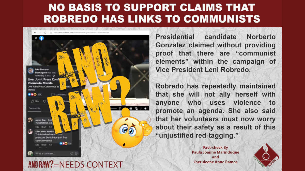 NO BASIS TO SUPPORT CLAIMS THAT ROBREDO HAS LINKS TO COMMUNISTS