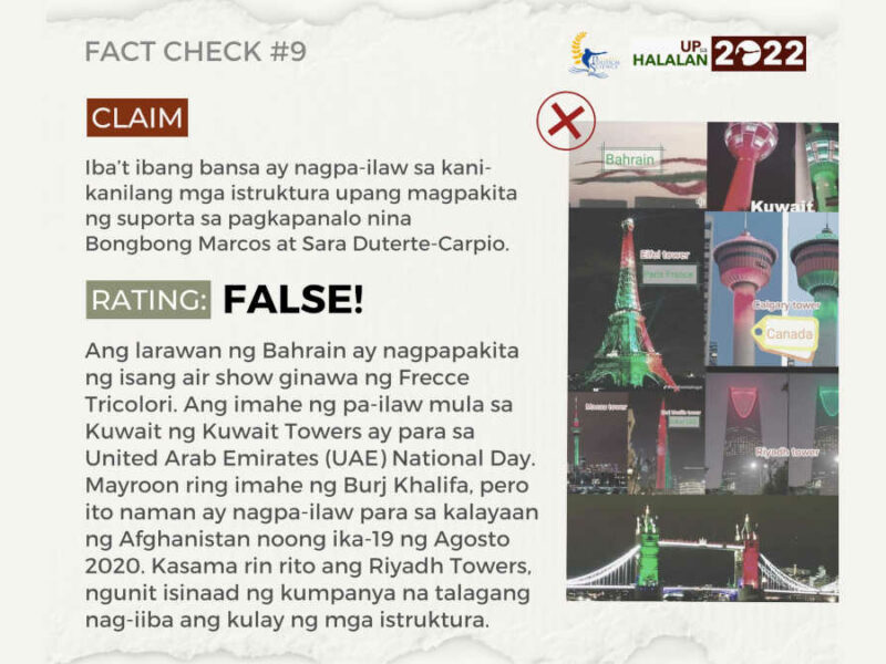 FALSE: Iba’t ibang bansa ay nagpa-ilaw sa kani-kanilang mga istruktura upang magpakita ng suporta sa pagkapanalo nina Bongbong Marcos at Sara Duterte-Carpio.