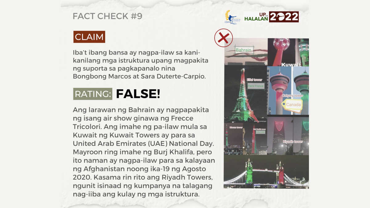 FALSE: Iba’t ibang bansa ay nagpa-ilaw sa kani-kanilang mga istruktura upang magpakita ng suporta sa pagkapanalo nina Bongbong Marcos at Sara Duterte-Carpio.