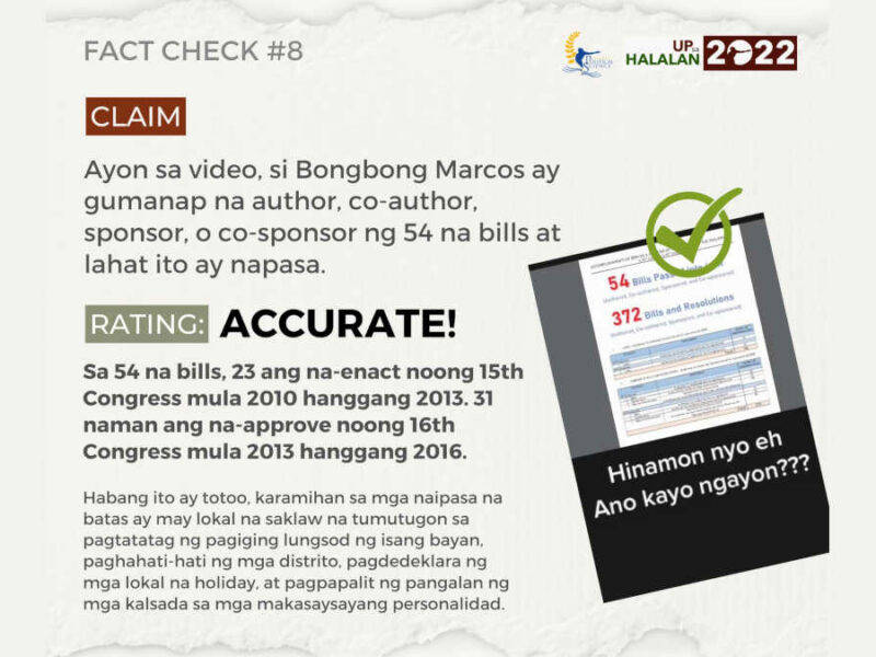 Ayon sa video, si Bongbong Marcos ay gumanap na author, co-author, sponsor, o co-sponsor ng 54 na bills at lahat ito ay napasa.