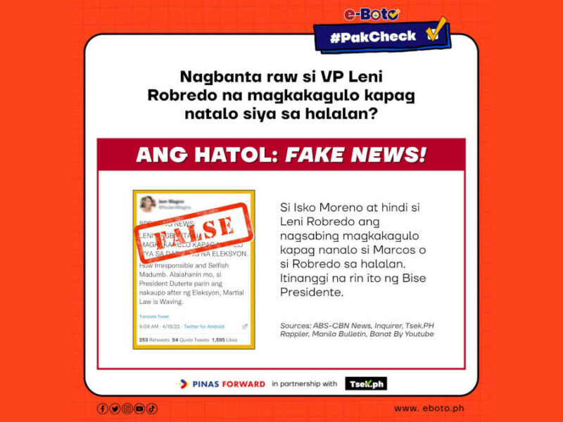 Nagbanta raw si VP Leni Robredo na magkakagulo kapag natalo siya sa halalan? Ito ay fake