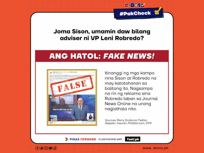 FALSE: Joma Sison, umamin daw bilang adviser ni VP Leni Robredo?