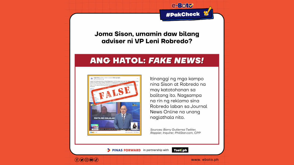 FALSE: Joma Sison, umamin daw bilang adviser ni VP Leni Robredo?