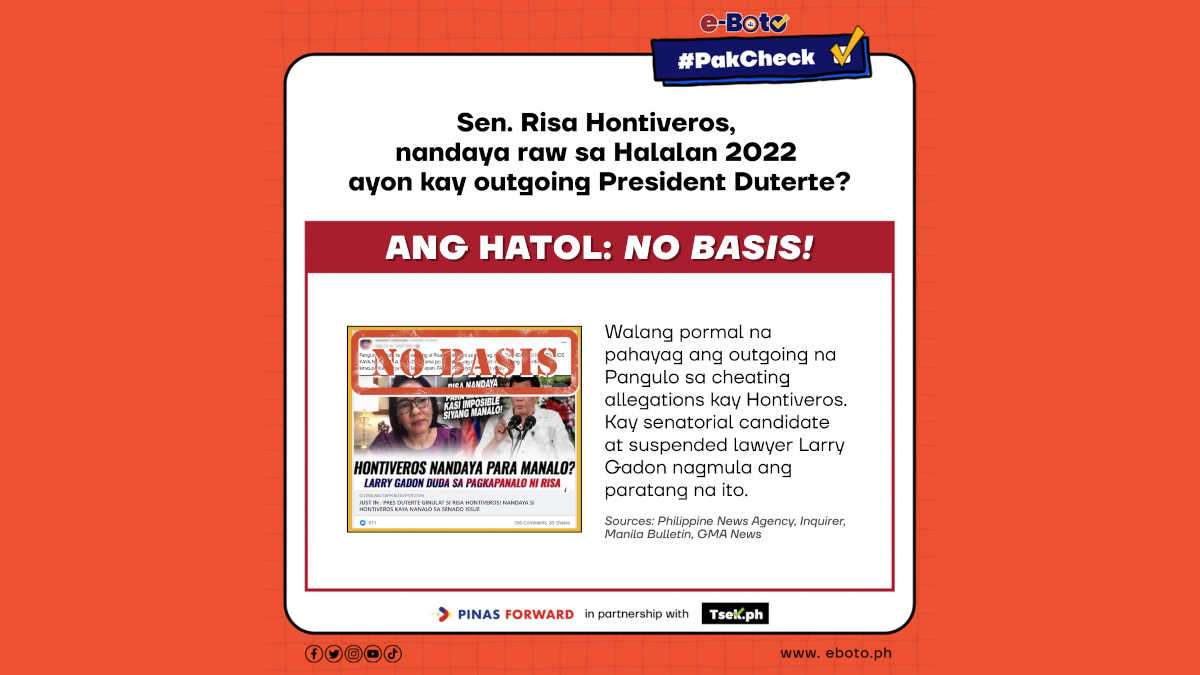 NO BASIS: Sen. Risa Hontiveros, nandaya raw sa Halalan 2022 ayon kay outgoing President Duterte?