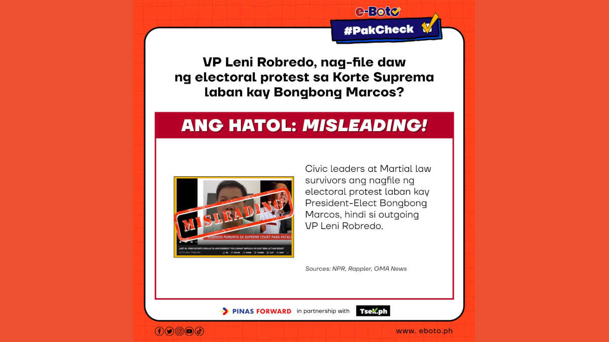 MISLEADING: VP Leni Robredo, nag-file daw ng electoral protest sa Korte Suprema laban kay Bongbong Marcos?