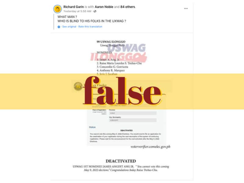 factrakers-photo-showing-deactivated-voter-status-of-uswag-ilonggo-partylist-1st-nominee-false
