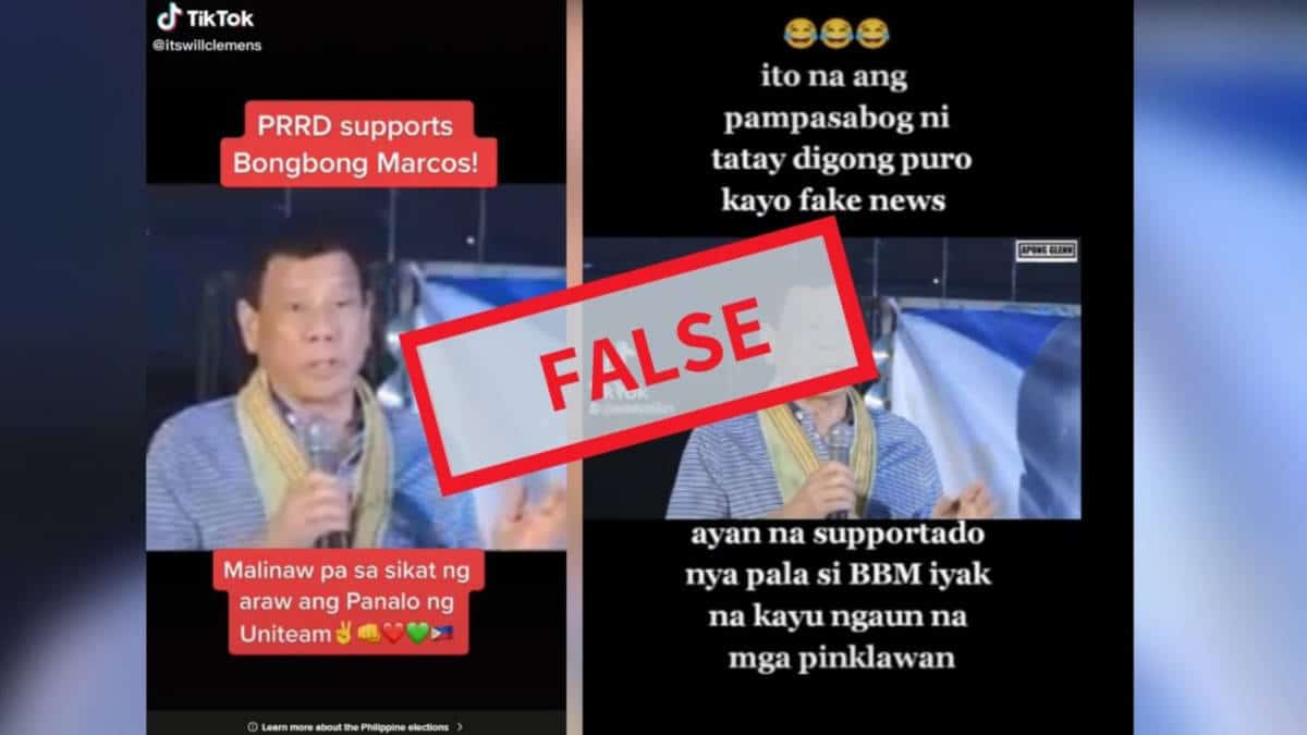 2016 video manipulated to make it appear Duterte has endorsed Marcos for president