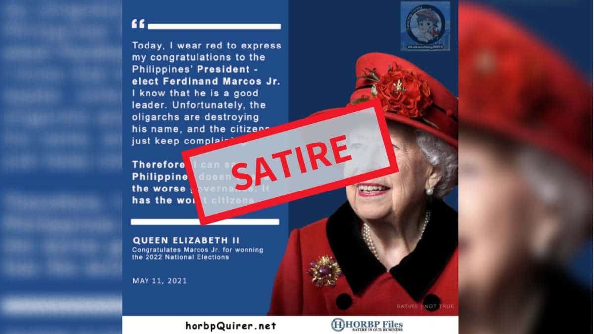 Congratulatory message attributed to Queen Elizabeth II is satirical