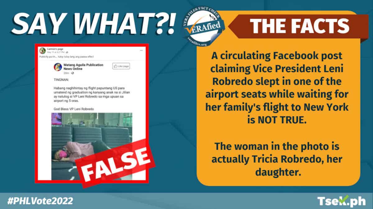 FALSE FB posts claim Robredo caught sleeping in airport lounge