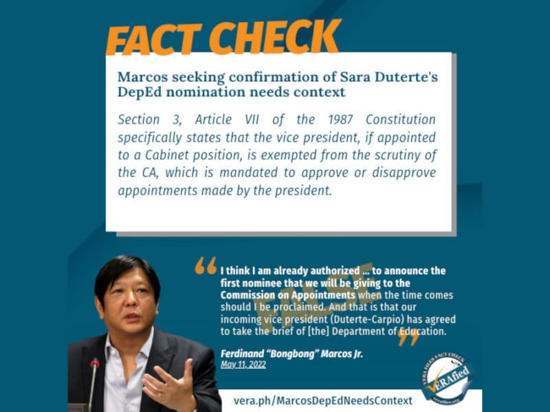 Marcos seeking confirmation of Sara Duterte’s DepEd nomination needs context