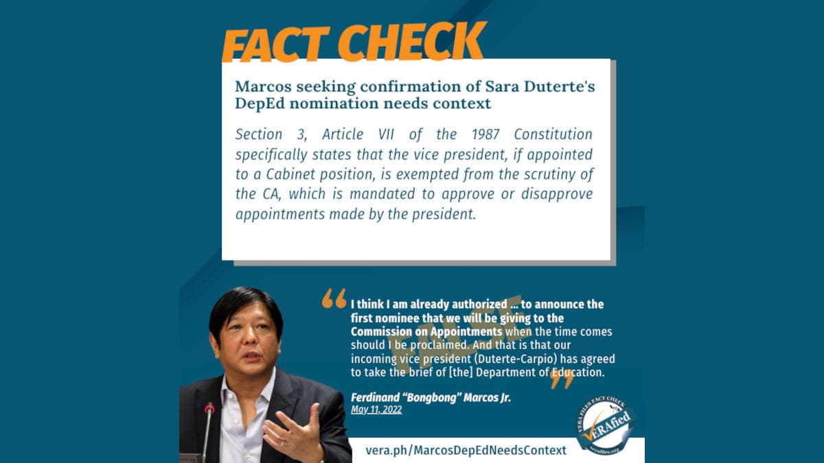 Marcos seeking confirmation of Sara Duterte’s DepEd nomination needs context