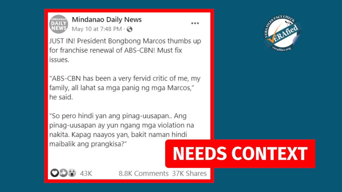 Mindanao newspaper’s claim on Marcos Jr. favoring franchise renewal of ABS-CBN needs context