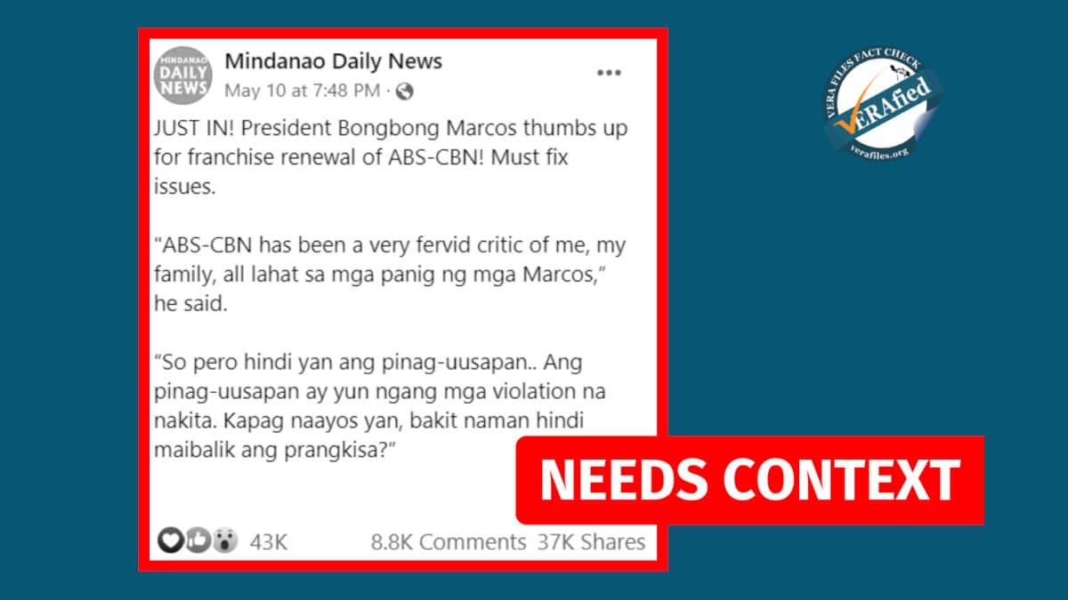 Mindanao newspaper’s claim on Marcos Jr. favoring franchise renewal of ABS-CBN needs context