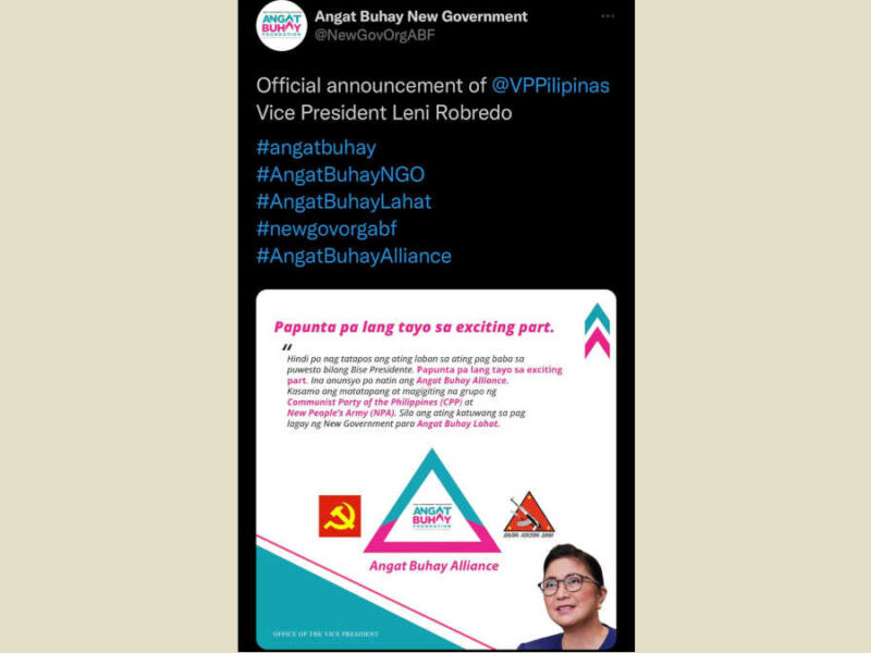 Claim: Outgoing VP Leni Robredo to form “Angat Buhay Alliance” with the Communist Party of the Philippines (CPP) and New People’s Army (NPA)