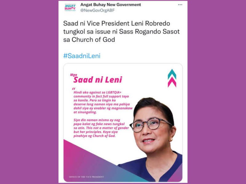 FACT CHECK: VP Robredo expressed support for the Church of God’s discrimination against trans influencer Sass Sasot