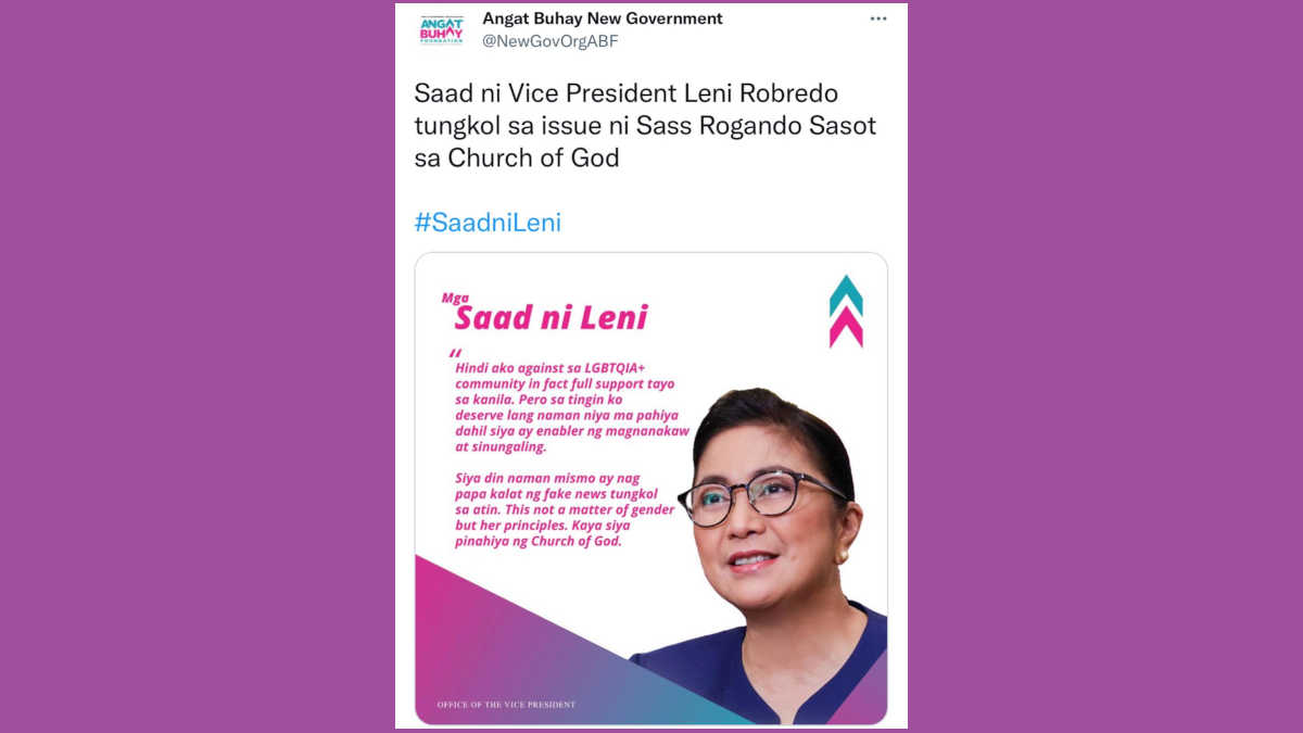 FACT CHECK: VP Robredo expressed support for the Church of God’s discrimination against trans influencer Sass Sasot