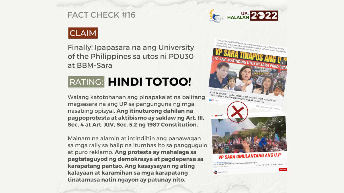 Hindi totoong ipapasara na ang University of the Philippines sa utos ni PDU30 at BBM-Sara