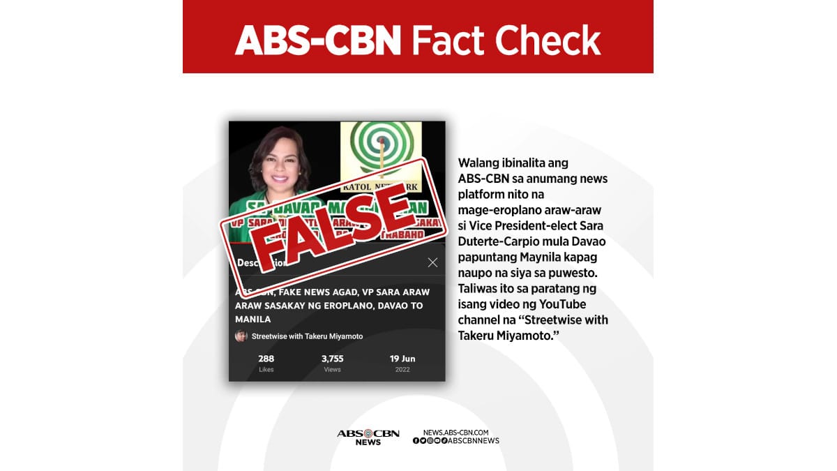 ABS-CBN, walang sinabing mag-eeroplano si Sara Duterte araw-araw mula Davao