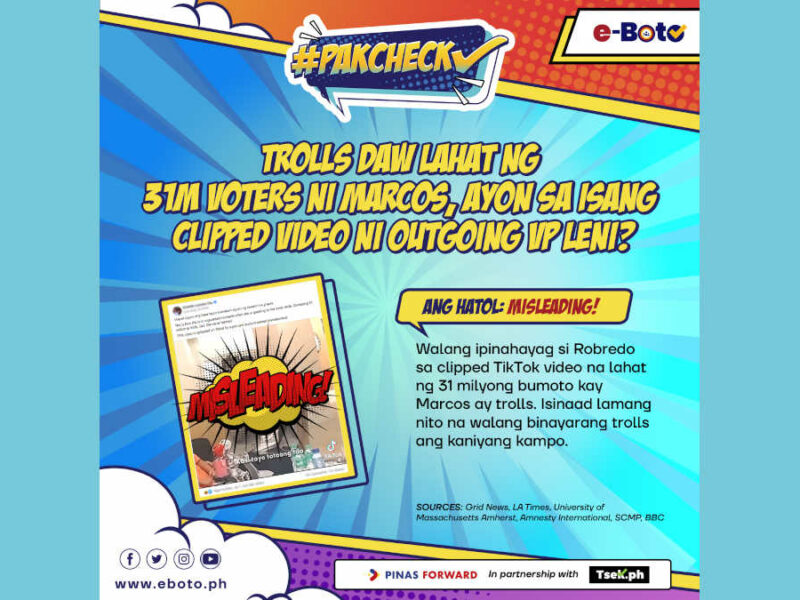MISLEADING: Trolls daw lahat ng 31M voters ni PBBM, ayon sa isang clipped video ni outgoing VP Leni?