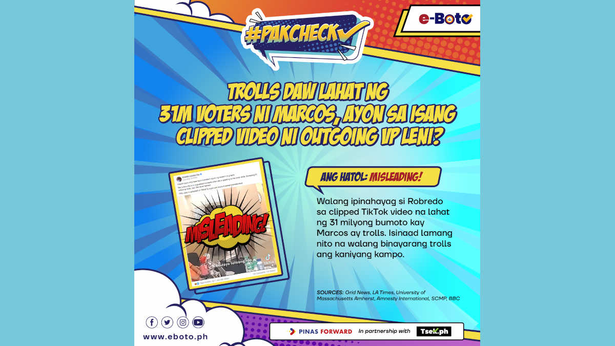 MISLEADING: Trolls daw lahat ng 31M voters ni Marcos Jr., ayon sa isang clipped video ni outgoing VP Leni?