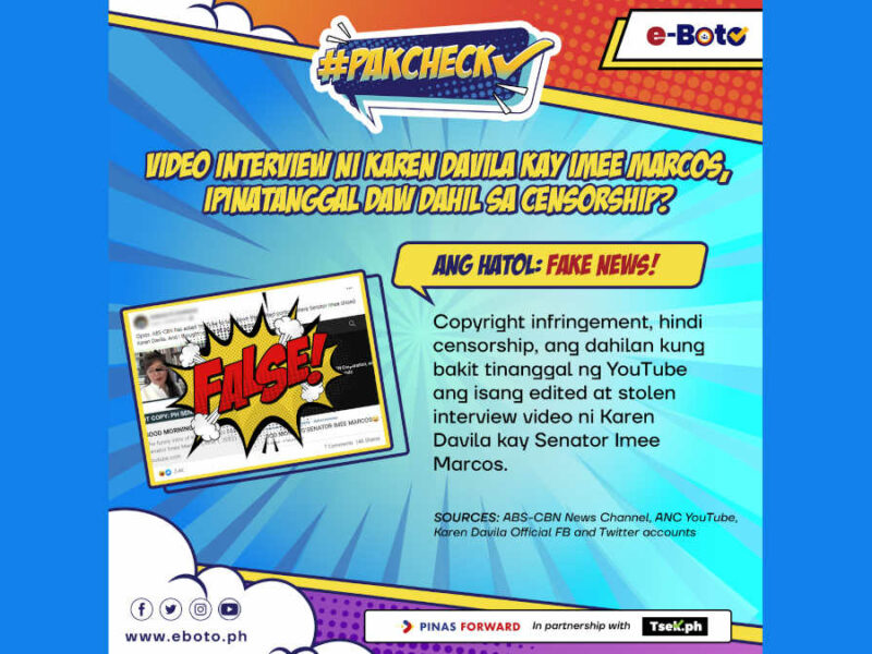 FALSE: Video ng interview ni Karen Davila kay Senator Imee Marcos, ipinatanggal daw dahil sa censorship?