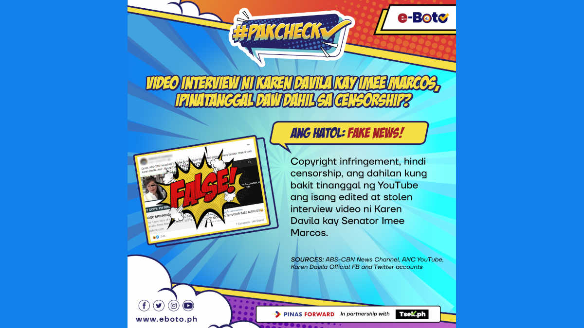 FALSE: Video ng interview ni Karen Davila kay Senator Imee Marcos, ipinatanggal daw dahil sa censorship?