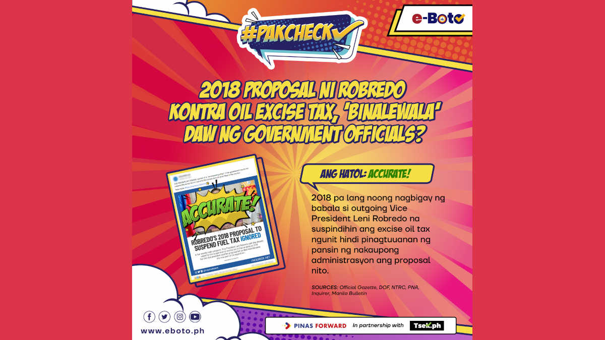 ACCURATE: Proposal ni Robredo kontra oil excise tax noong 2018, binalewala daw ng gov’t officials?