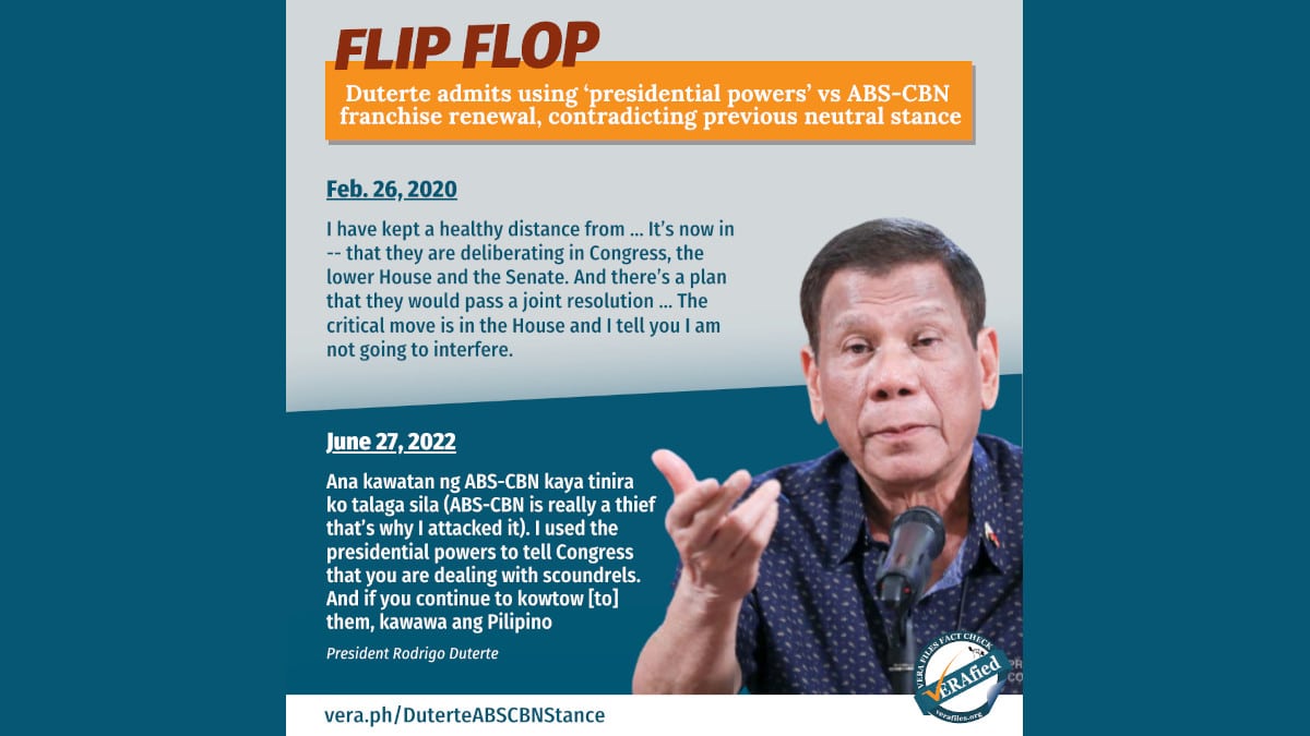 Duterte admits using ‘presidential powers’ vs ABS-CBN franchise renewal, contradicting previous neutral stance