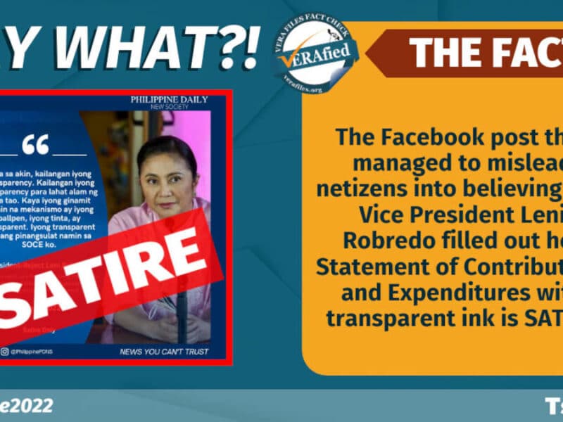 FB post claiming Robredo filled out SOCE with invisible ink is SATIRE
